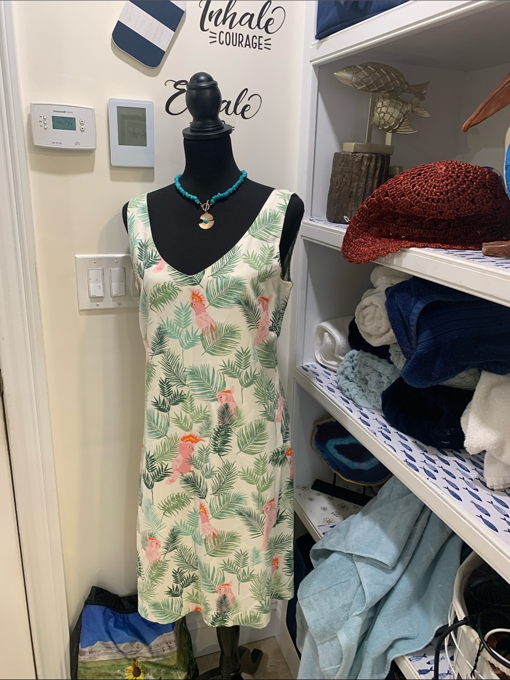 Tropical Palm Print Slip Dress with Parrot Motif